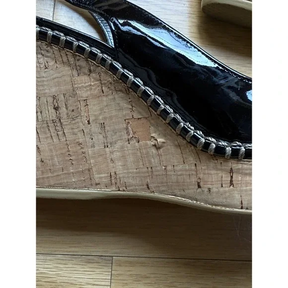 STUART WEITZMAN Wedge Womens 7 M Black Patent Leather Shoes Sling back Open Toe - Picture 3 of 9